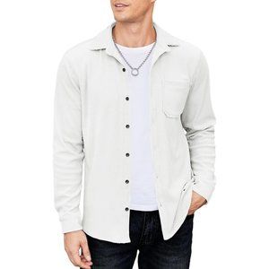 Men White Casual  Shacket Long Sleeve Button Down Lightweight Corduroy Shirt